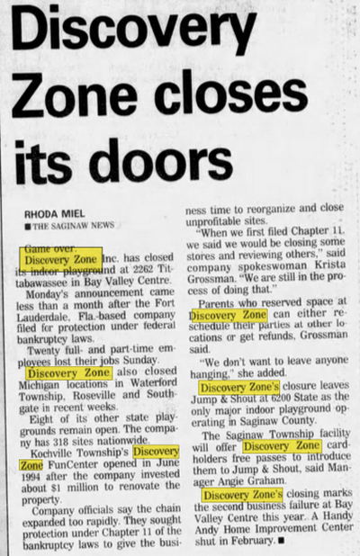 Discovery Zone - Apr 23 1996 Article